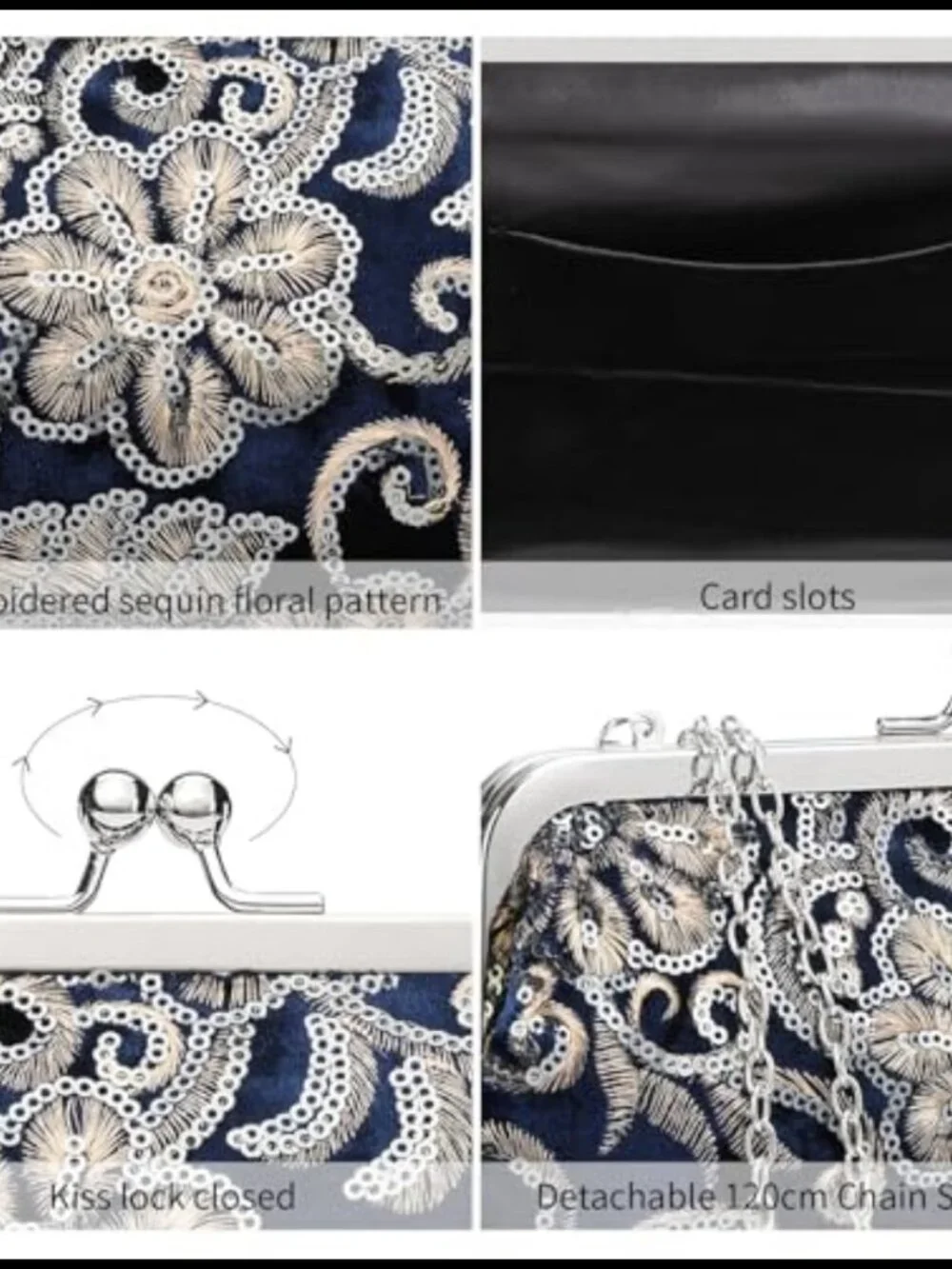 Floral Embroidery Sequin Suede Evening Clutch Kiss Lock Wedding Party